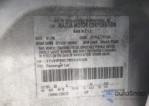 2008 Mazda Mazda6 I Sport Ve из США, поврежденный, VIN 1YVHP80C785M24906